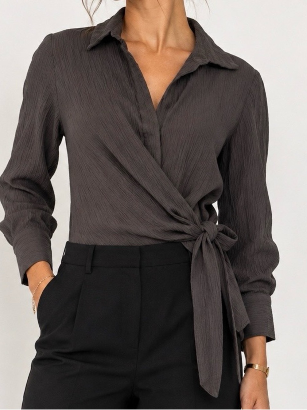 Zara M Charcoal Wrap Tie Blouse Crinkle Texture Quiet Luxury Minimalist